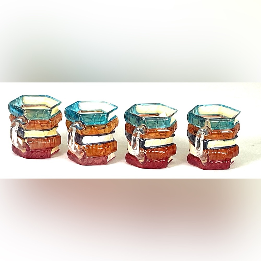 Novelty, hand painted glass book coffee mugs – in a 3-D design – set of four